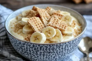 A serving of banana wafer pudding with Nilla wafers, showing layers of creamy pudding, banana slices, and golden wafers