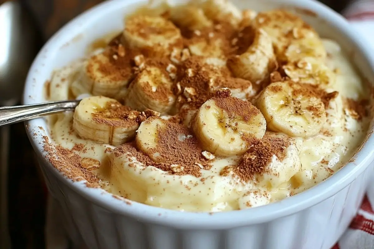 A serving of banana wafer pudding with Nilla wafers, showing layers of creamy pudding, banana slices, and golden wafers