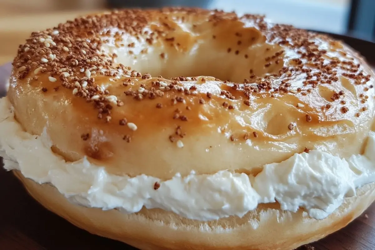 Freshly toasted bagel with a spread of cream cheese on top, displayed on a white plate