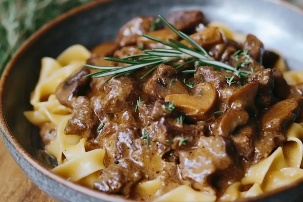 A bowl of slow-cooked beef stroganoff with creamy sauce, sautéed mushrooms, and fresh rosemary, served over egg noodles on a wooden table