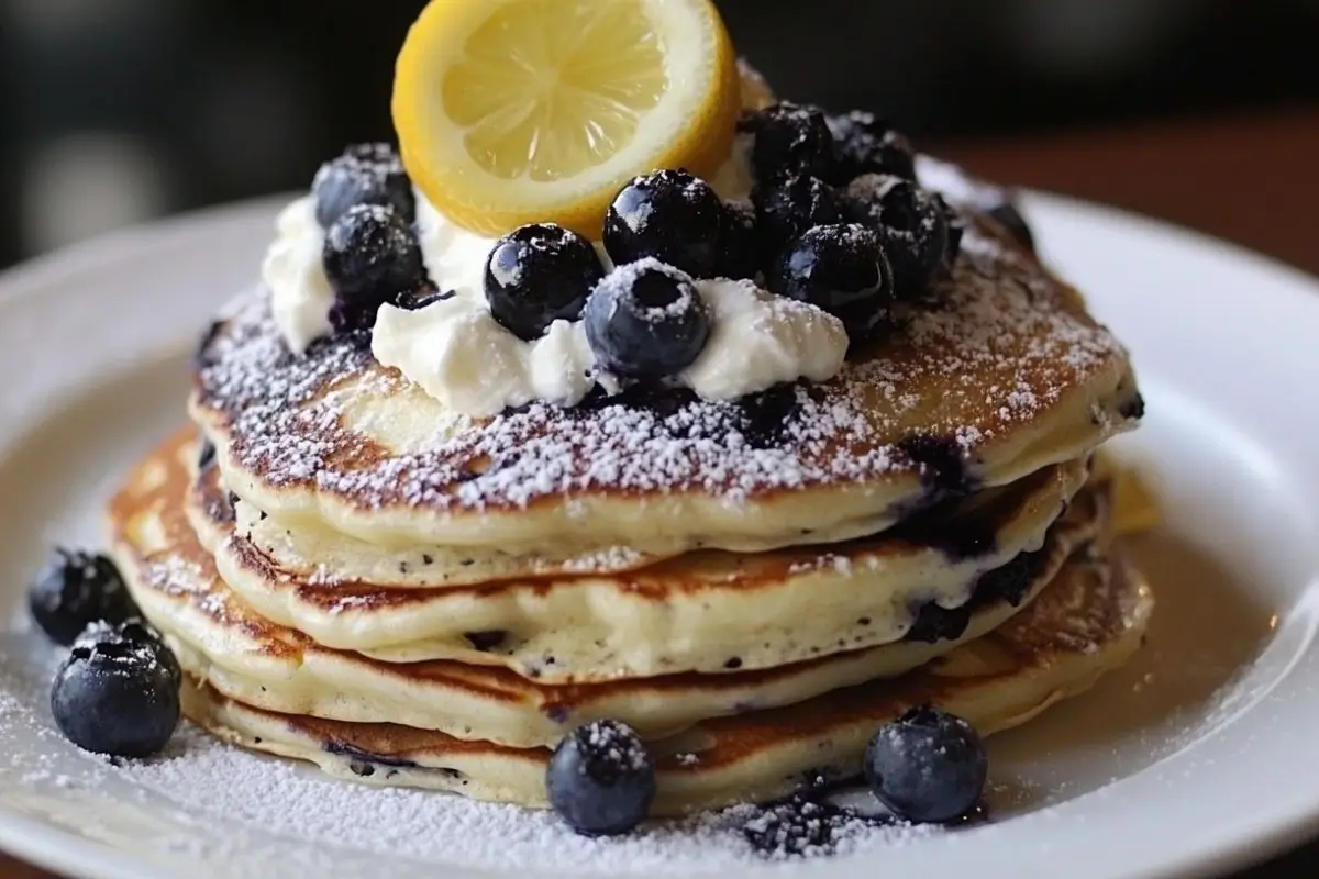 Stack of golden-brown lemon blueberry pancakes topped with fresh blueberries, lemon zest, and maple syrup