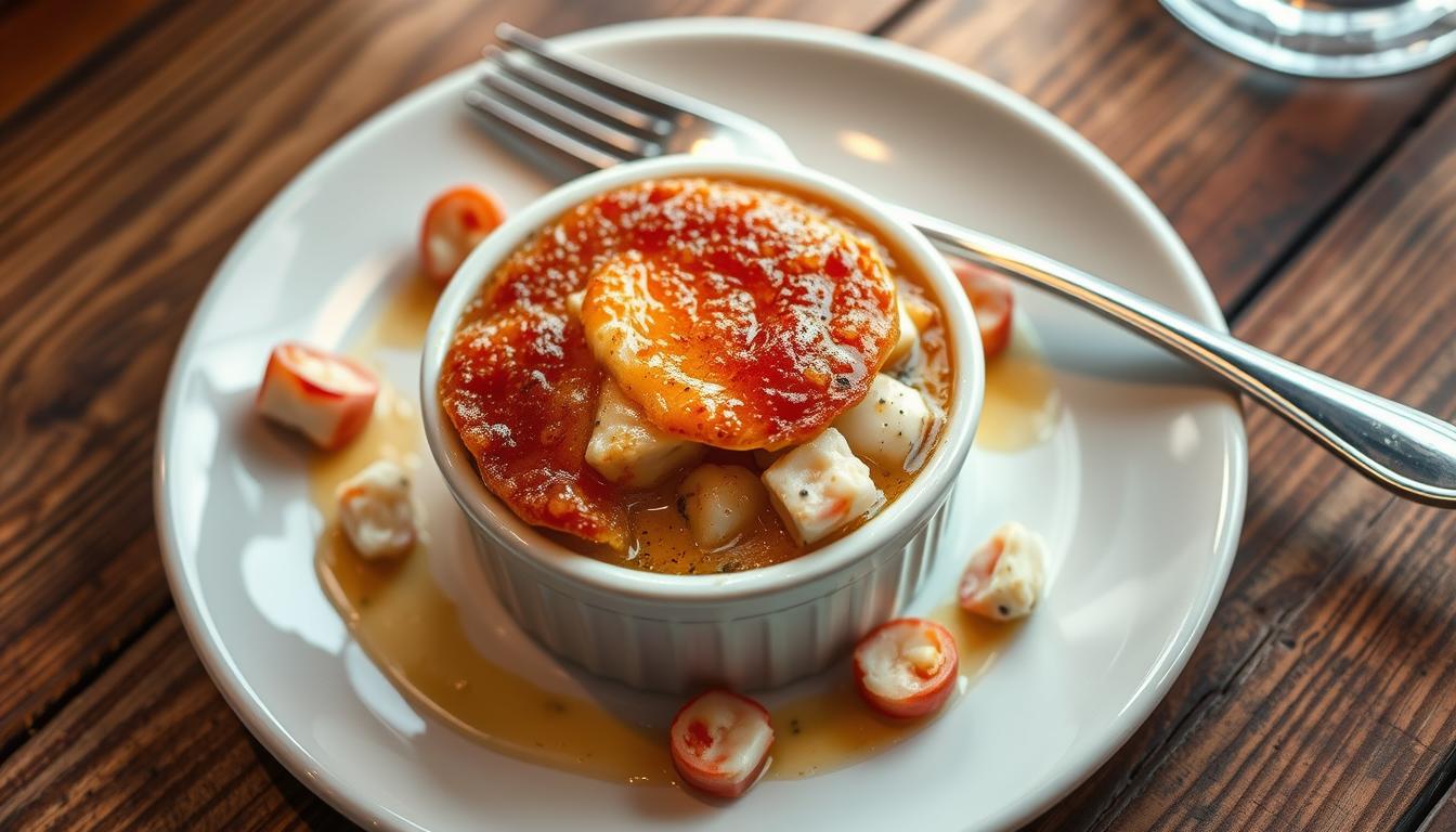 A golden, caramelized crab brûlée served in a ceramic dish, garnished with fresh parsley and a sprinkle of paprika, with a seafood fork and crab shell in the background.