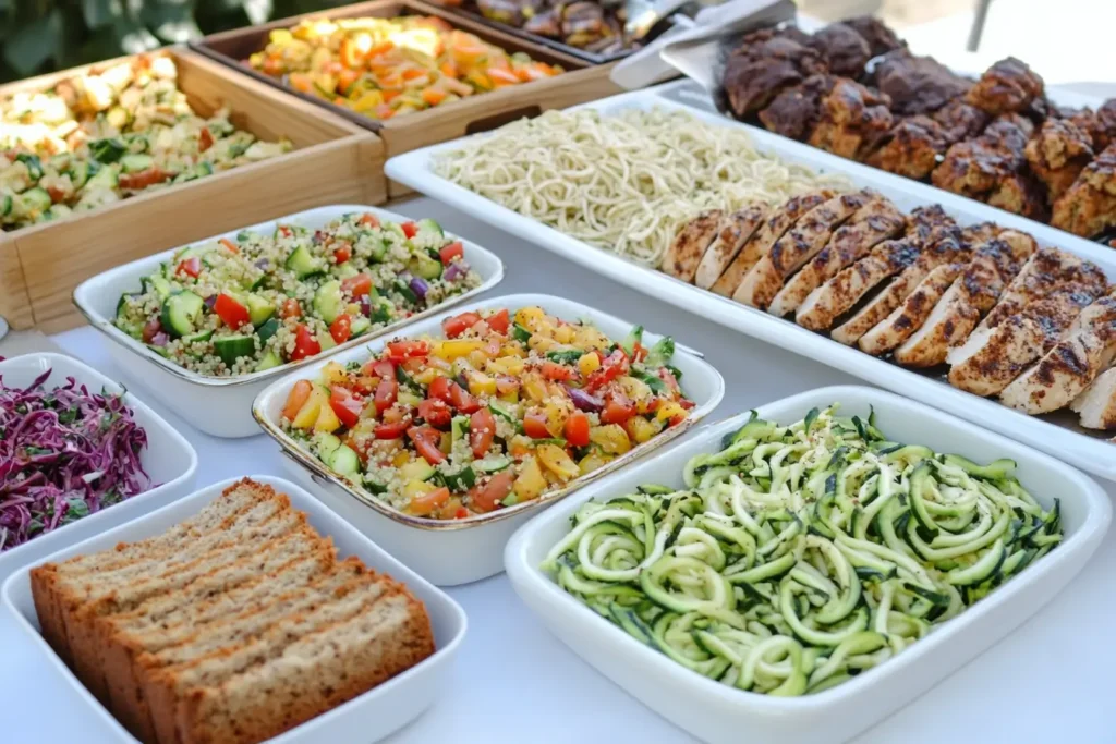 A vibrant gluten-free meal spread featuring quinoa salad, zucchini noodles, grilled chicken, almond flour bread, and brownies on a rustic table