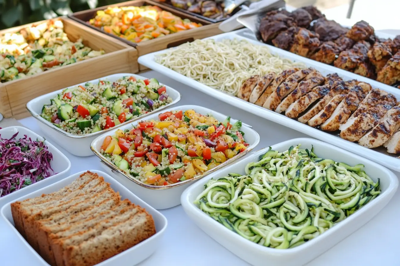A vibrant gluten-free meal spread featuring quinoa salad, zucchini noodles, grilled chicken, almond flour bread, and brownies on a rustic table