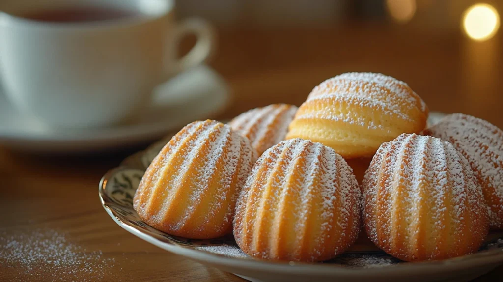 Golden brown madeleines dusted with powdered sugar on a plate