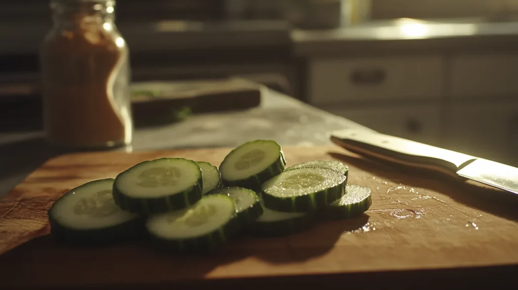 A bowl of marinated cucumber salad garnished with sesame seeds and chili.