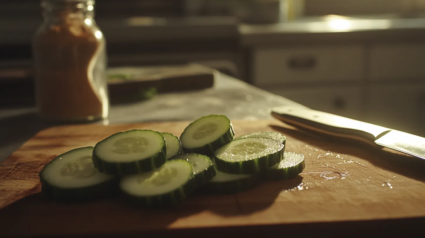 A bowl of marinated cucumber salad garnished with sesame seeds and chili.