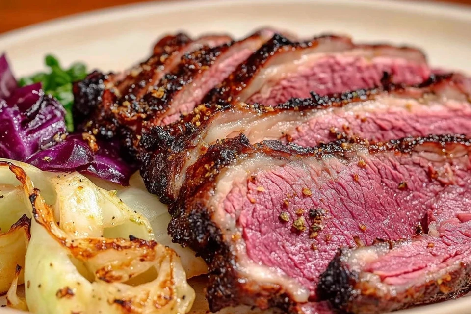 orned Beef and Cabbage served on a rustic plate.