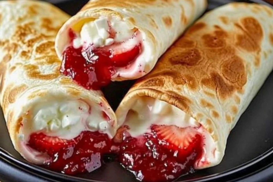 A plate of strawberry cheesecake chimichangas, crispy and delicious with a fruity topping.