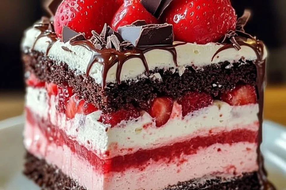 Delicious Strawberry Chocolate Layer Cake with fresh strawberries and chocolate layers