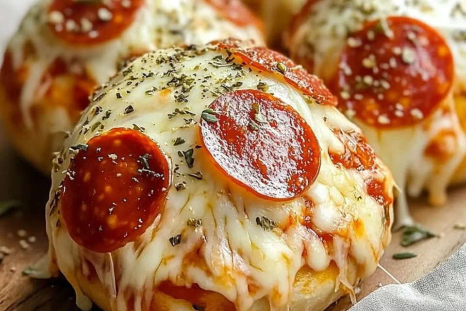 Cheesy pepperoni pizza bombs ready to be enjoyed, filled with savory pepperoni and cheese.
