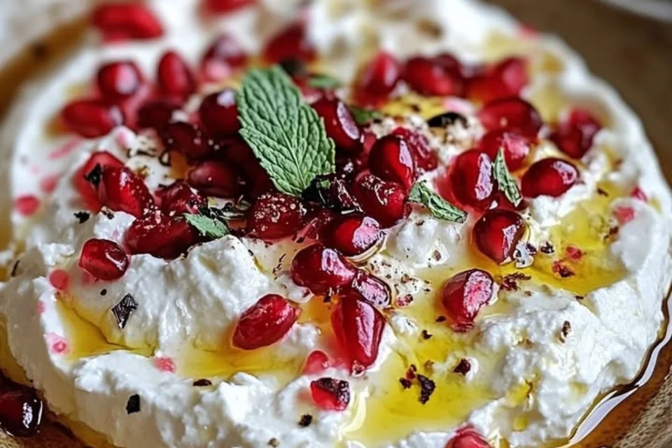Creamy whipped feta dip topped with pomegranate seeds for a delicious appetizer