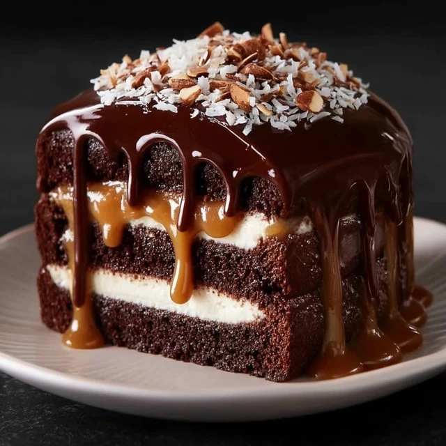 Decadent Chocolate Almond Caramel Layer Cake with rich chocolate and caramel layers