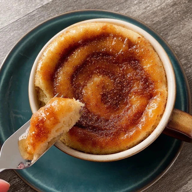 A warm cinnamon roll mug cake topped with icing in a white mug