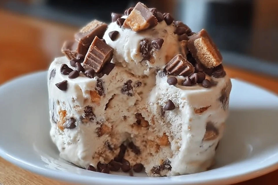 Delicious Cookie Dough Snickers and Reese's ice cream served in a bowl