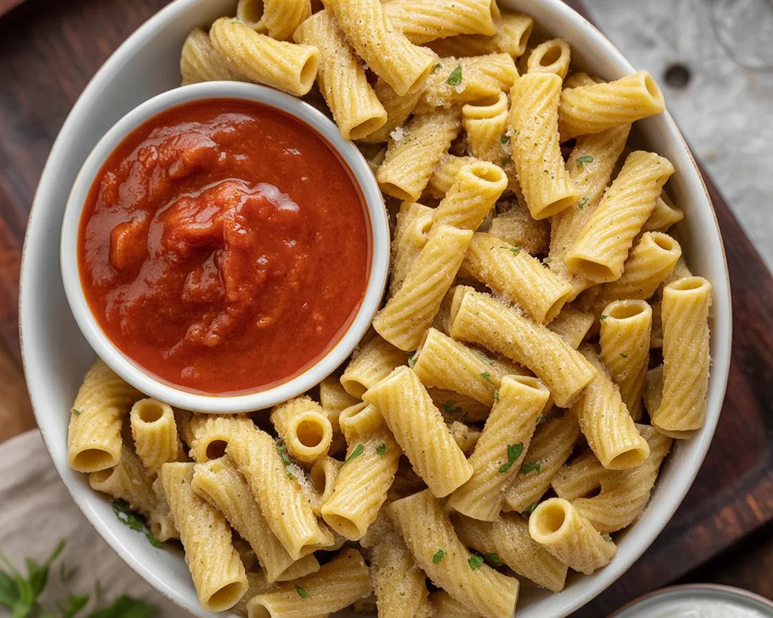 Crispy air fryer pasta chips served in a bowl with seasoning.