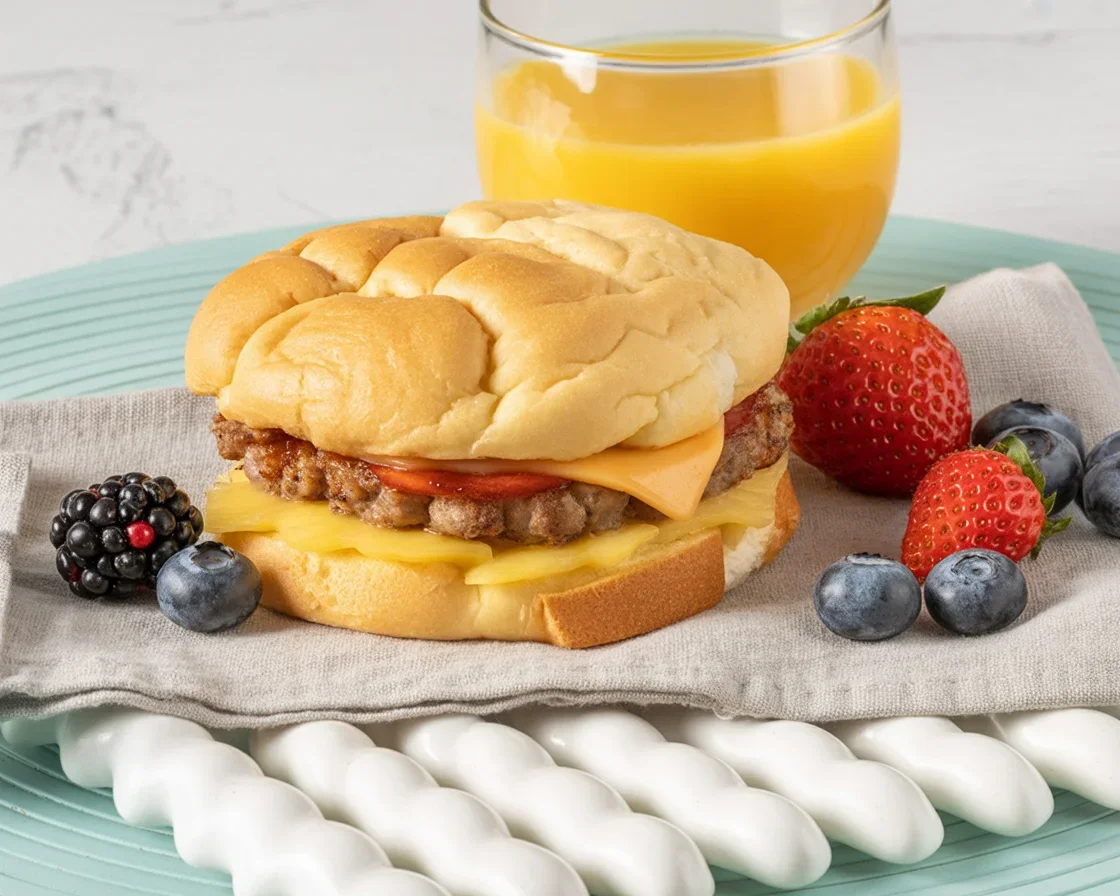 Cloud Bread Breakfast Sandwich with egg, bacon, and cheese on a plate.