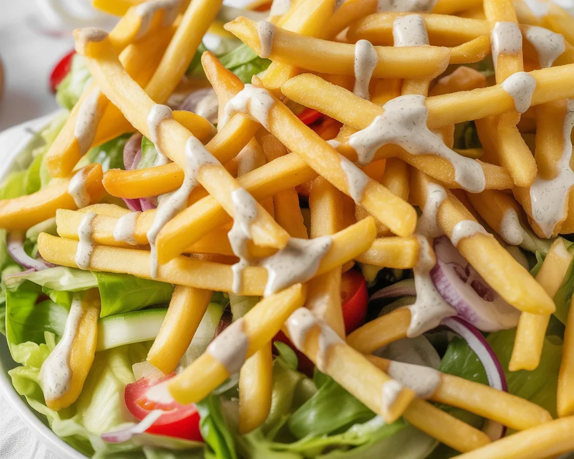Delicious French Fry Salad topped with crispy fries, fresh vegetables, and Italian dressing.