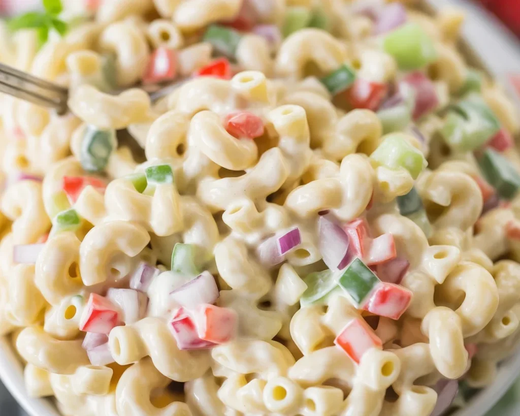 Delicious homemade macaroni salad with elbow macaroni, veggies, and creamy dressing.