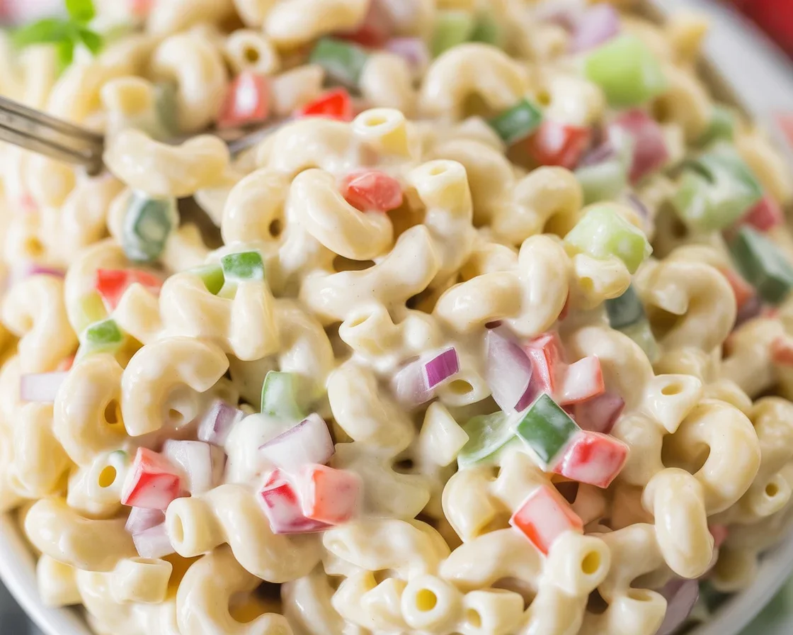 Delicious homemade macaroni salad with elbow macaroni, veggies, and creamy dressing.