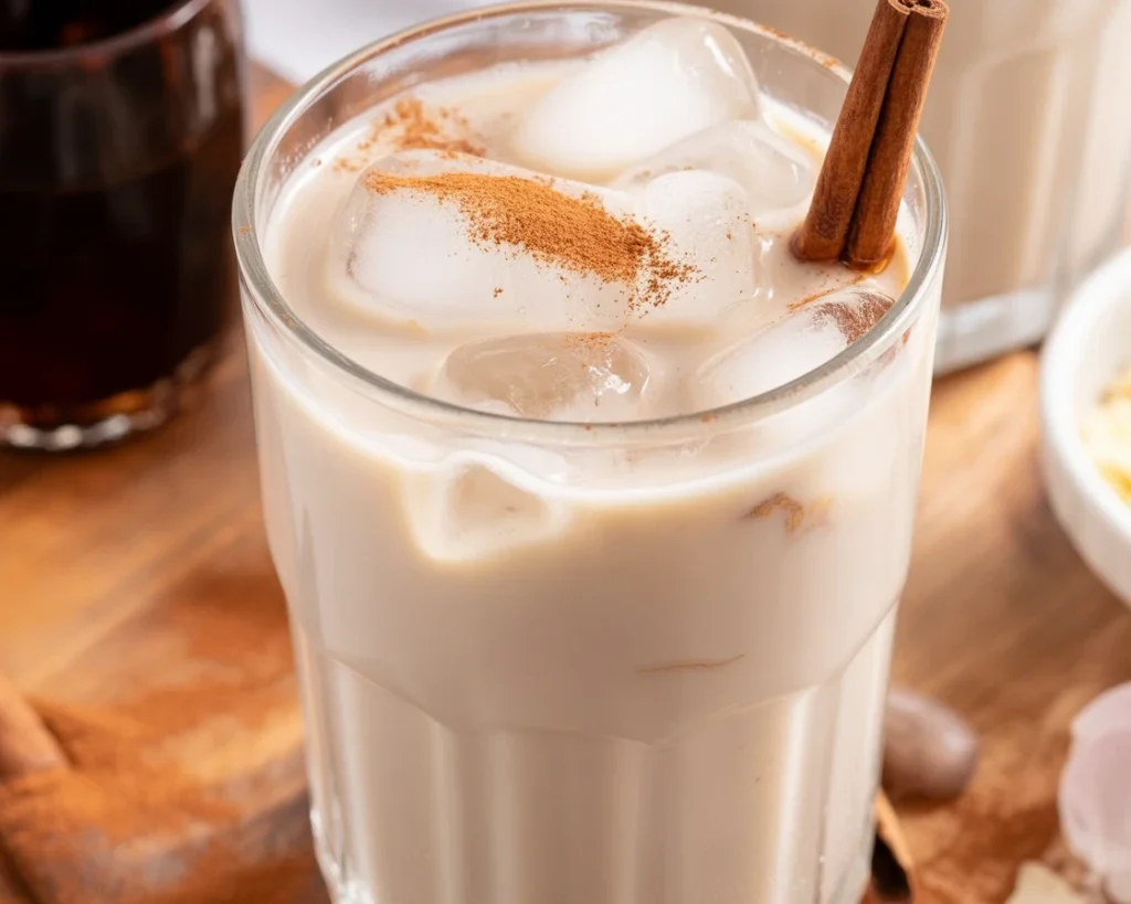 A glass of traditional Mexican horchata garnished with cinnamon sticks and rice