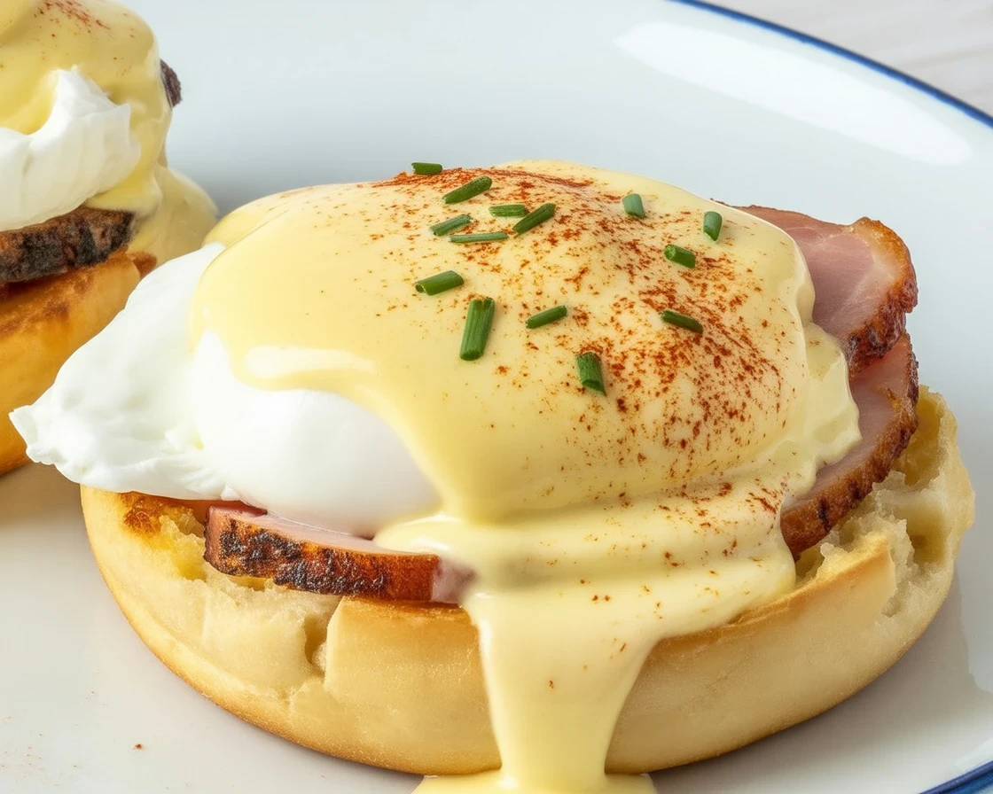 Plate of Eggs Benedict with poached eggs, Canadian bacon, and hollandaise sauce on English muffins.
