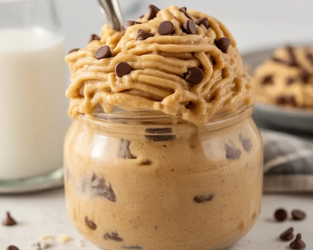 Bowl of homemade edible cookie dough with chocolate chips and sprinkles, safe to eat.