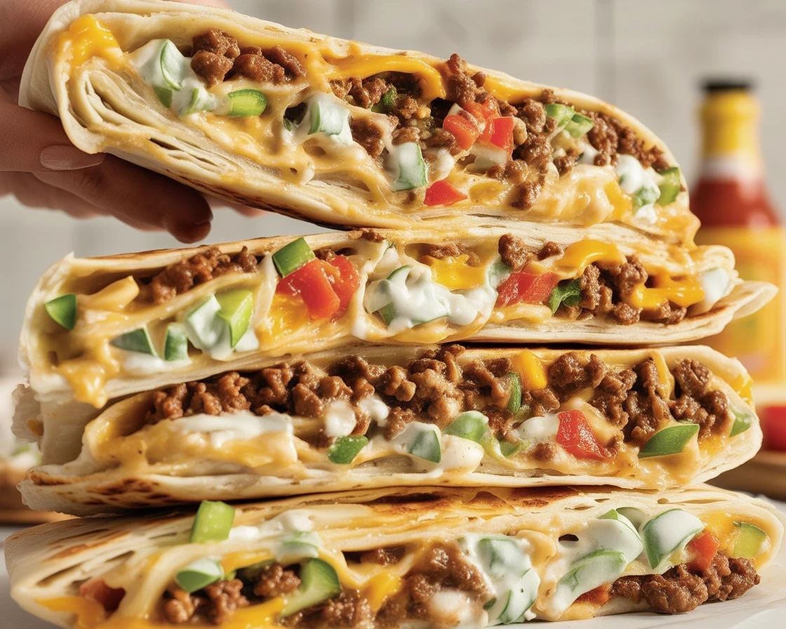 Homemade Crunchwrap Supreme filled with beef, cheese, and fresh vegetables.