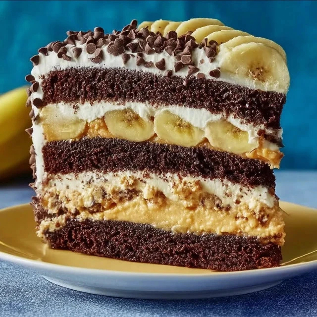 Double Chocolate Banana Layer Cake with rich chocolate frosting and banana slices