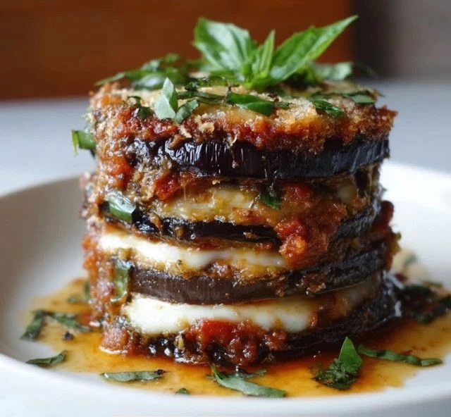 Delicious Eggplant Parmesan with layers of sauce, cheese, and eggplant.