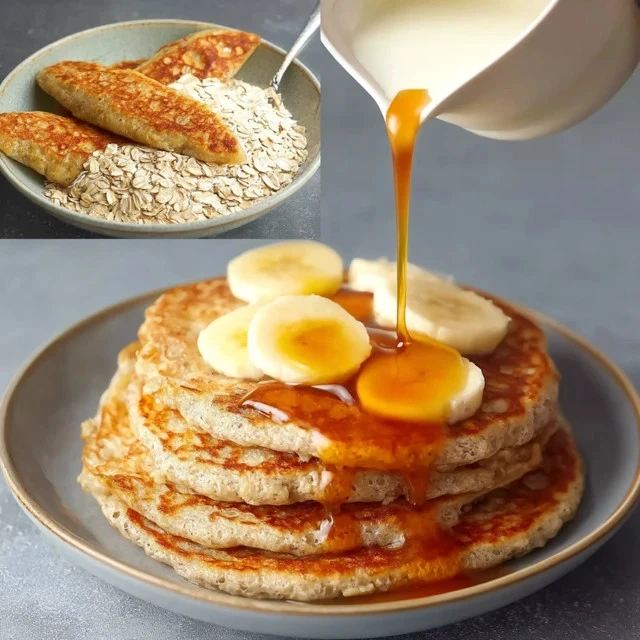 Delicious and healthy oat pancakes stacked with fruit