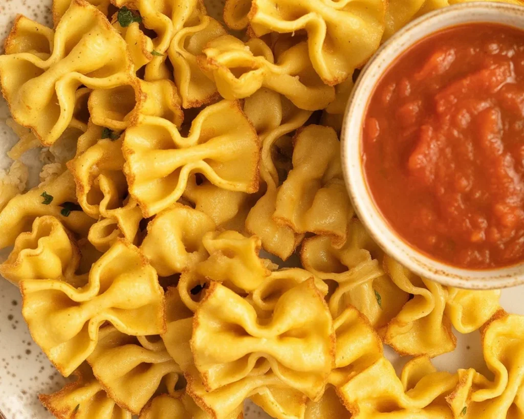 Crunchy air-fried Pasta Chips, the latest TikTok snack trend, garnished with seasonings.