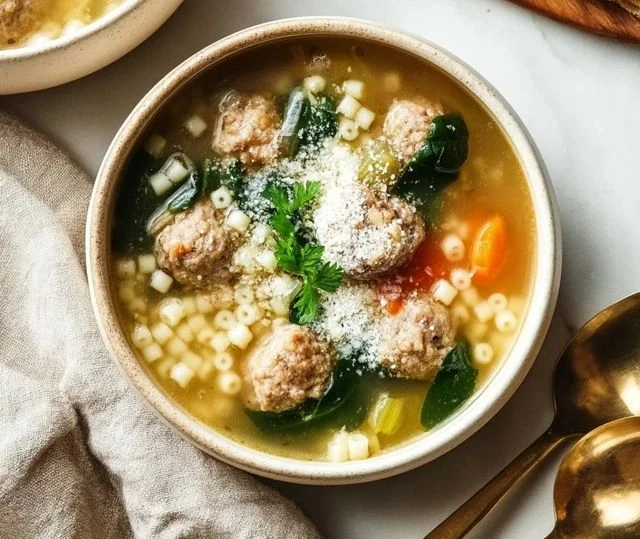 Bowl of traditional Italian Wedding Soup with meatballs and greens