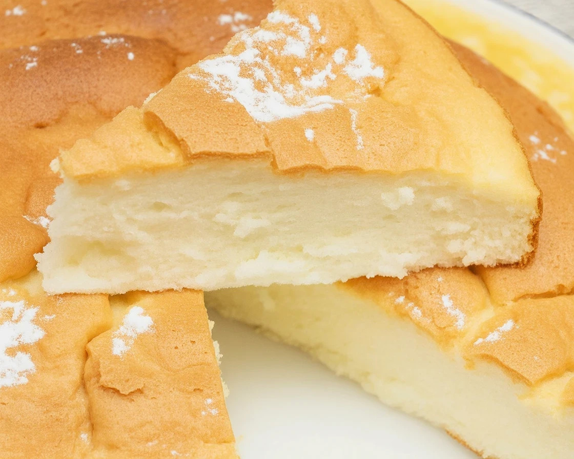 Flourless cloud cake topped with frosting, light and fluffy dessert.