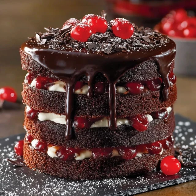 Luxurious Black Forest Cake with chocolate layers, cream, and cherries
