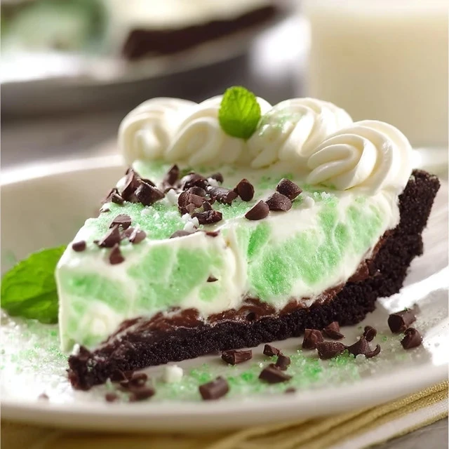 No-bake mint chocolate cheesecake pie topped with mint leaves and chocolate shavings