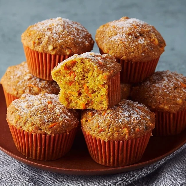 Moist carrot muffins baked with fresh ingredients and topped with nuts