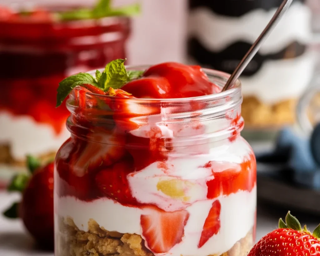 Refreshing no-bake dessert jars filled with layers of cheesecake and fruit for summer.