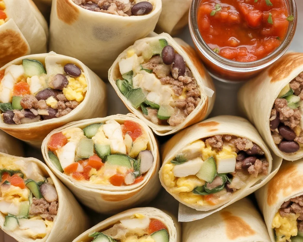 High-Protein Breakfast Burrito Meal Prep filled with eggs, sausage, and cheese.