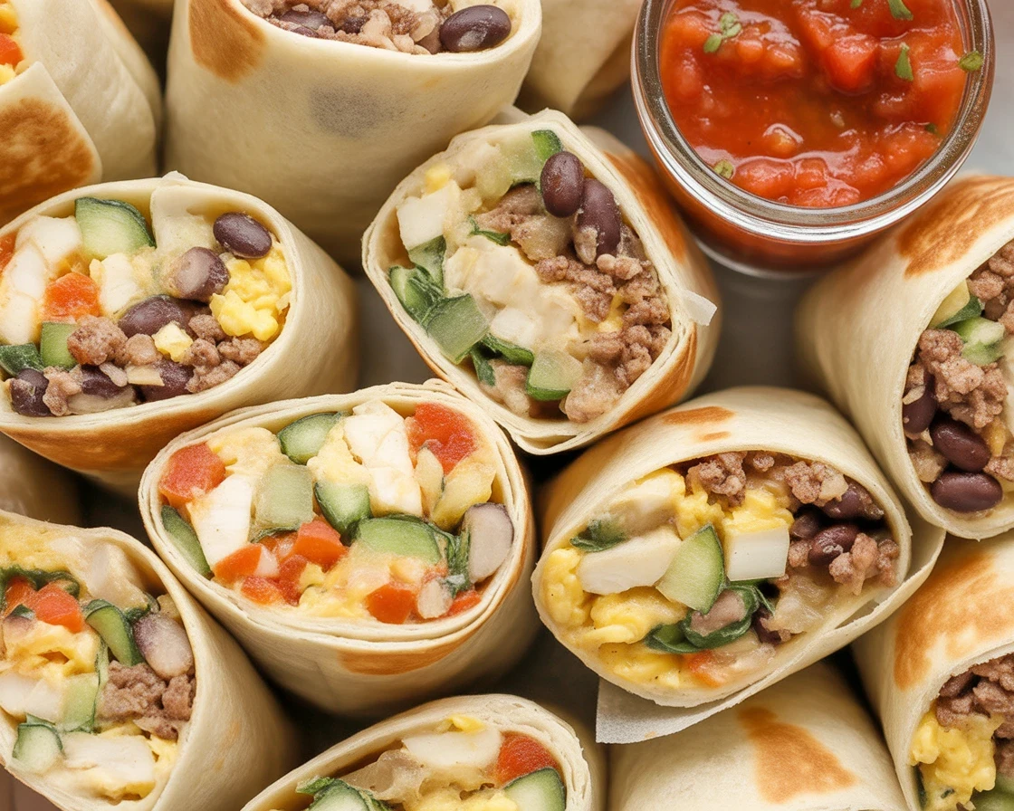 High-Protein Breakfast Burrito Meal Prep filled with eggs, sausage, and cheese.