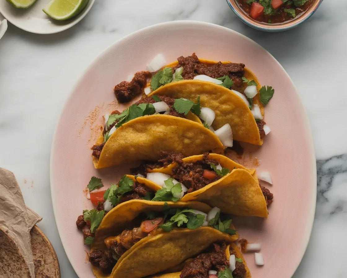Delicious homemade Birria Tacos served with flavorful broth and fresh toppings.
