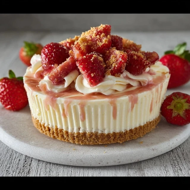 Delicious Strawberries & Cream Cheesecakes topped with fresh strawberries.
