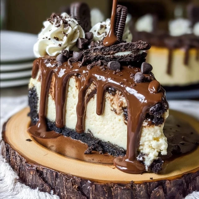 Decadent Triple Chocolate Cheesecake topped with chocolate ganache and shavings