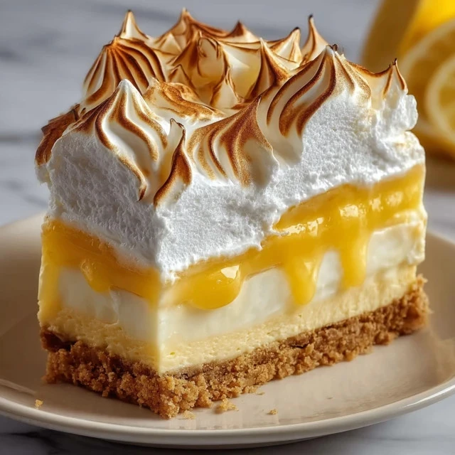 Slice of triple lemon meringue cheesecake with fluffy meringue topping and lemon garnish