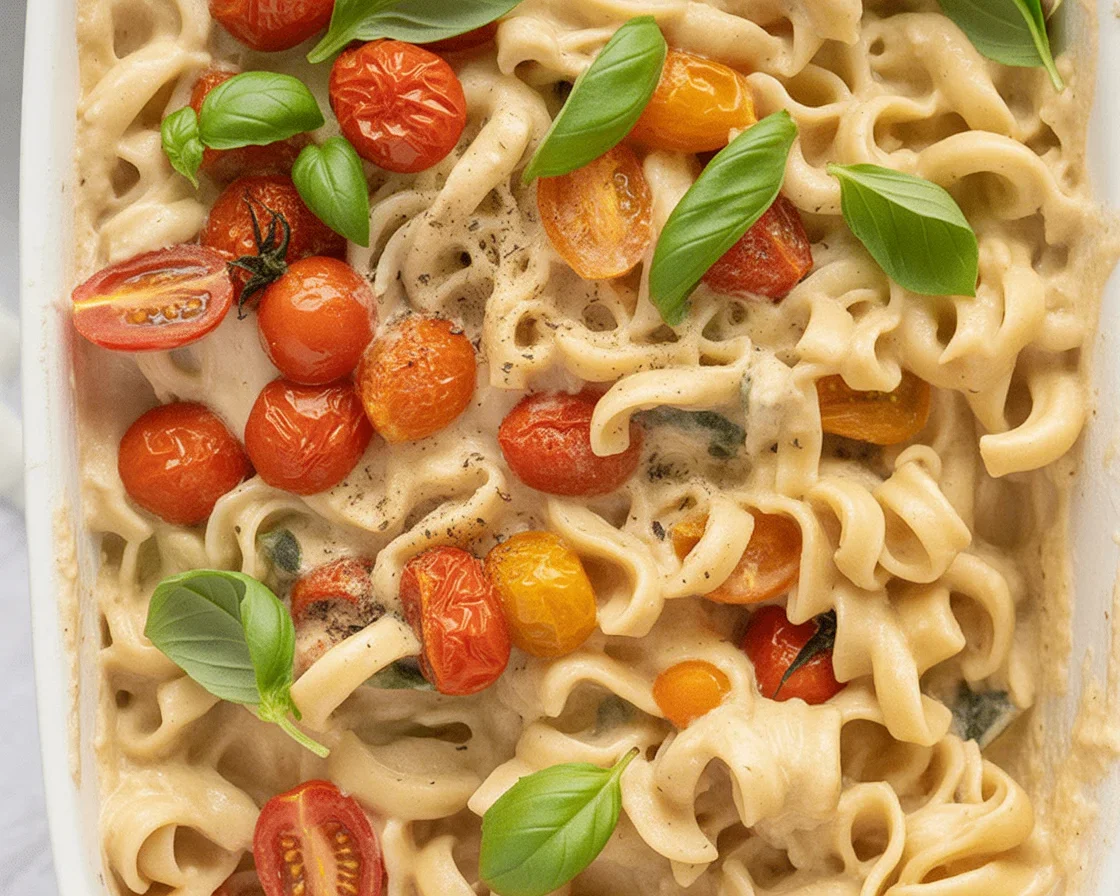 Baked Feta Pasta 2.0 with roasted feta, tomatoes, and fresh basil in a bowl.