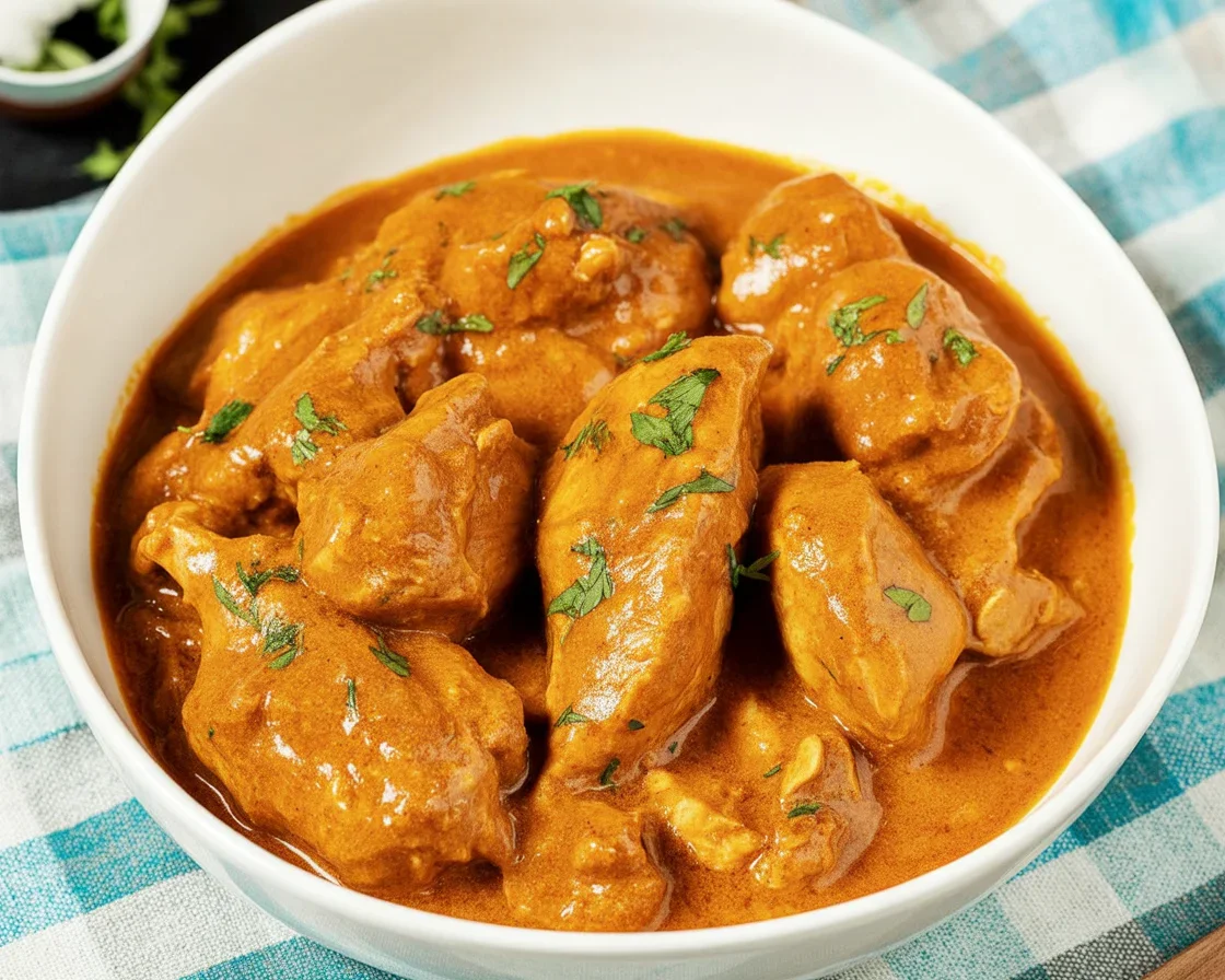 Delicious homemade chicken korma served with rice and garnished with cilantro.
