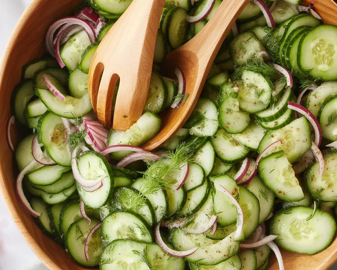 Fresh cucumber salad with red onion and vinegar dressing served in a bowl.