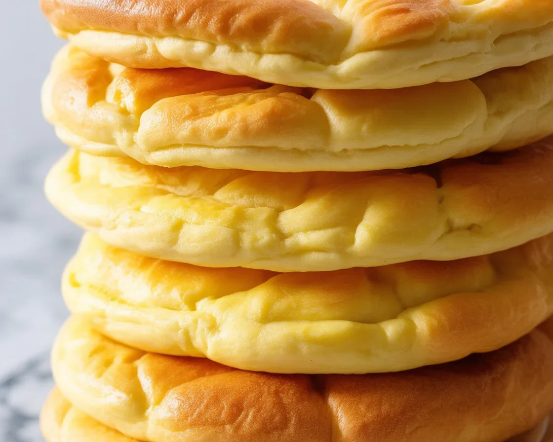 Delicious Cloud Bread Breakfast Sandwich with egg, bacon, and cheese on a plate.