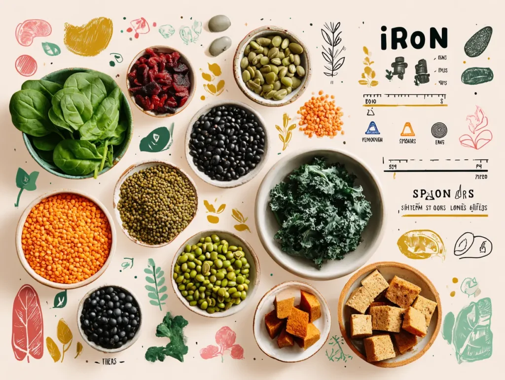 A variety of iron-rich plant foods including lentils, quinoa, and pumpkin seeds.