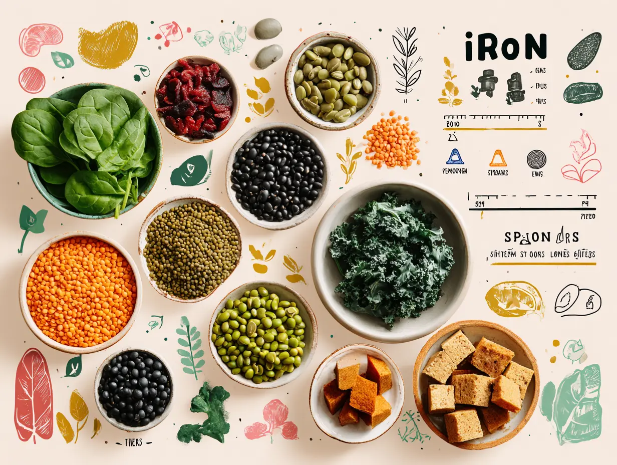 A variety of iron-rich plant foods including lentils, quinoa, and pumpkin seeds.